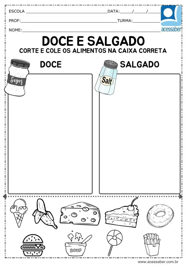 Atividade para classificar alimentos doces e salgados