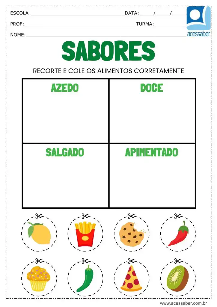 Atividade para classificar os alimentos azedos, doces, salgados e apimentados
