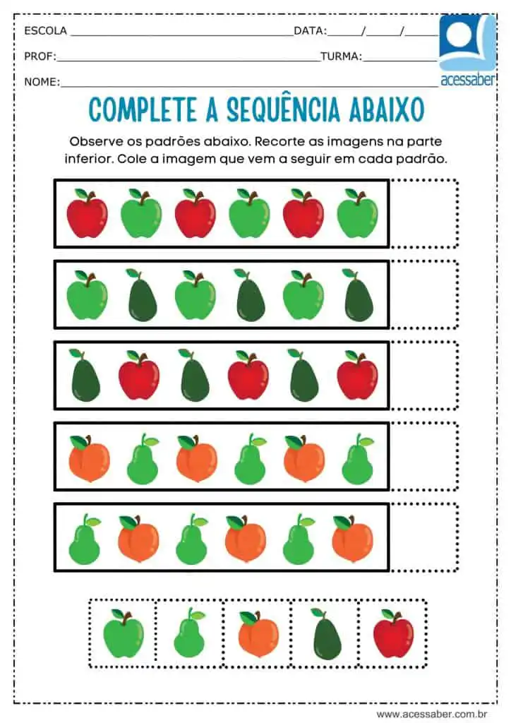 atividade recorte e complete a sequencia de frutas