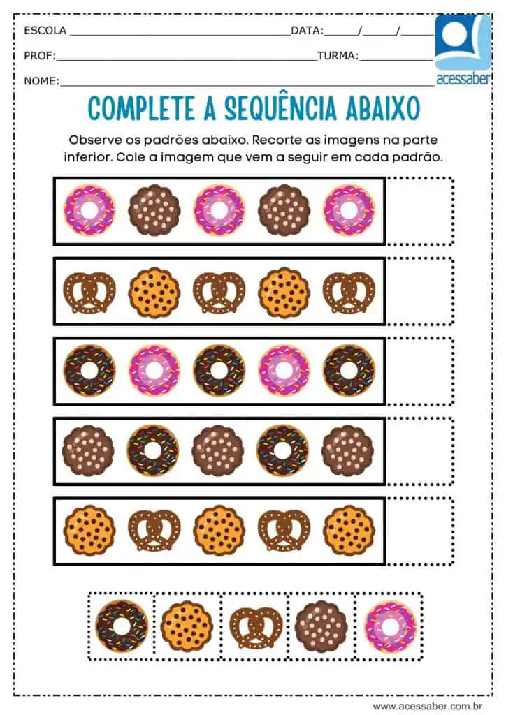 atividade recorte e complete a sequencia de doces
