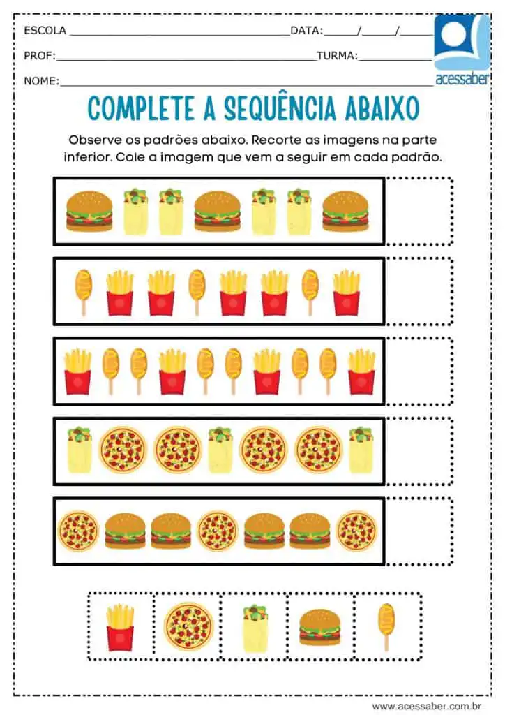 atividade recorte e complete a sequencia de alimentos