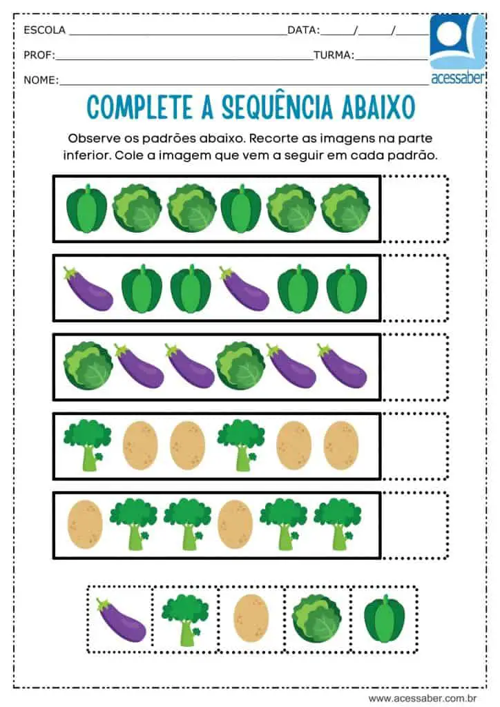 atividade recorte e complete a sequencia de vegetais