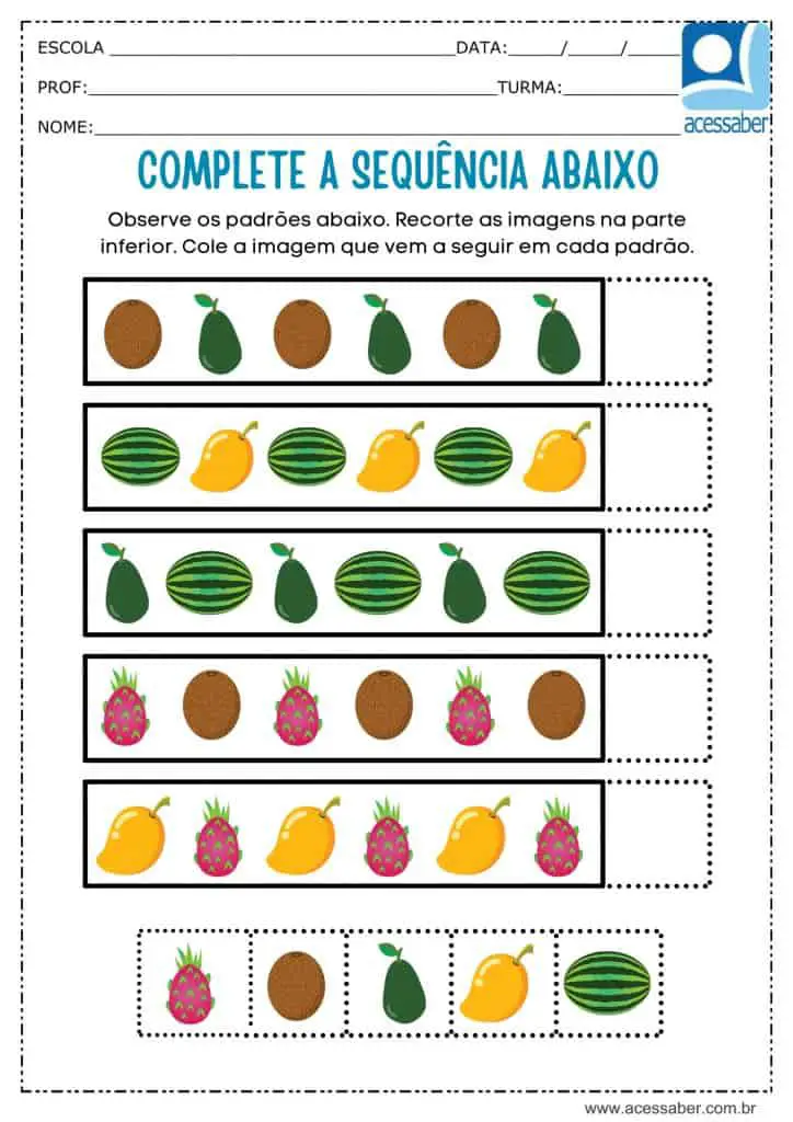 atividade recorte e complete a sequencia de frutas