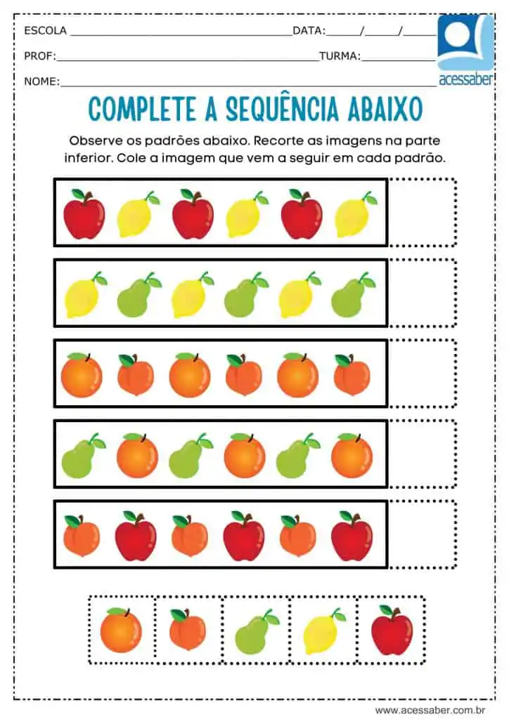 atividade recorte e complete a sequencia de frutas