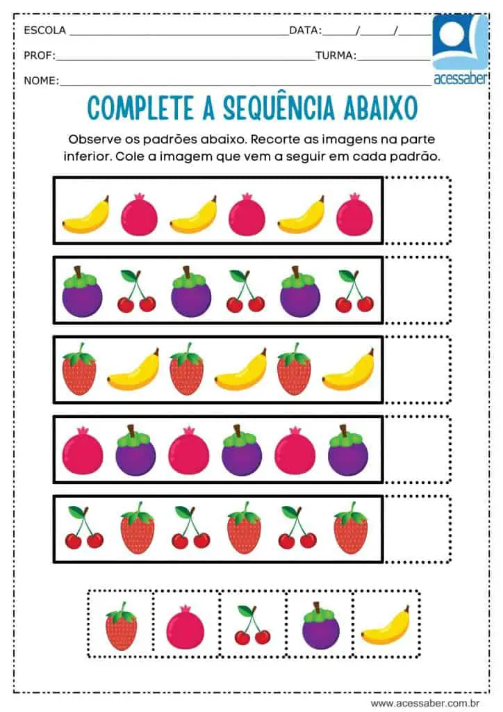 atividade recorte e complete a sequencia de frutas