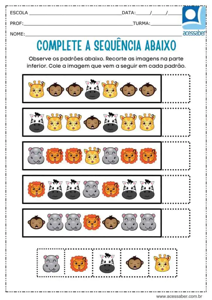 Atividade recorte e complete a sequência dos animais