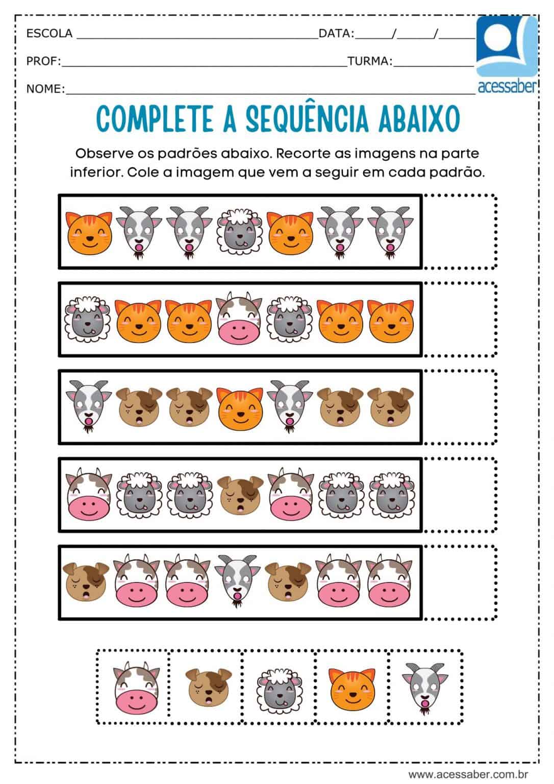 Atividade de matemática: Sequência lógica - Animais - Ed. Infantil e 1º ...