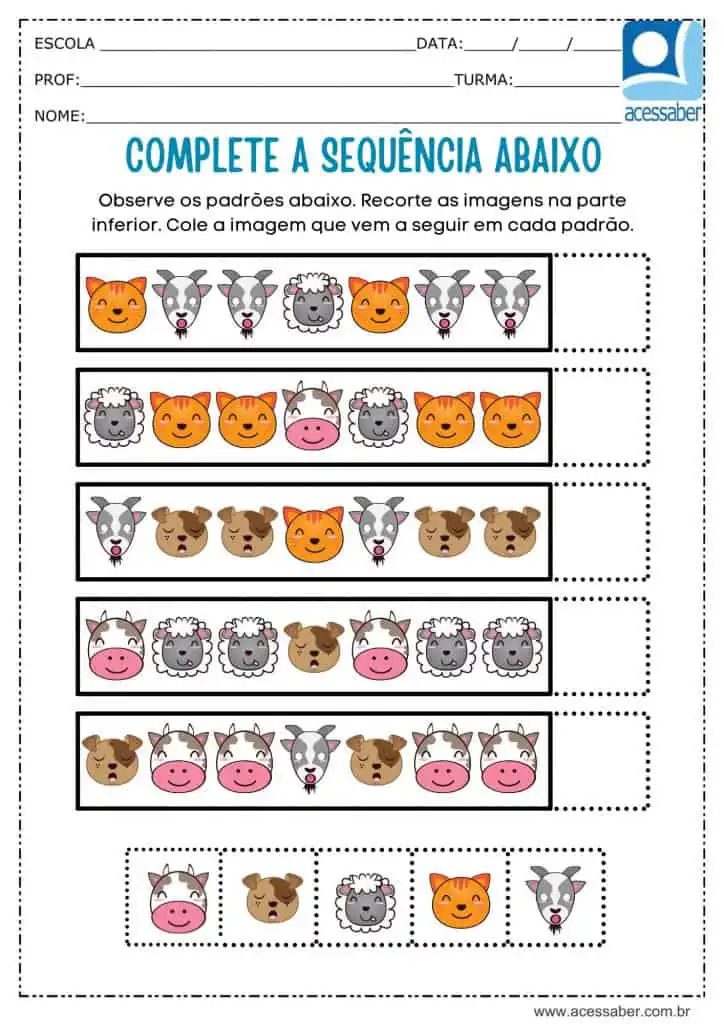 Atividade recorte e complete a sequência dos animais
