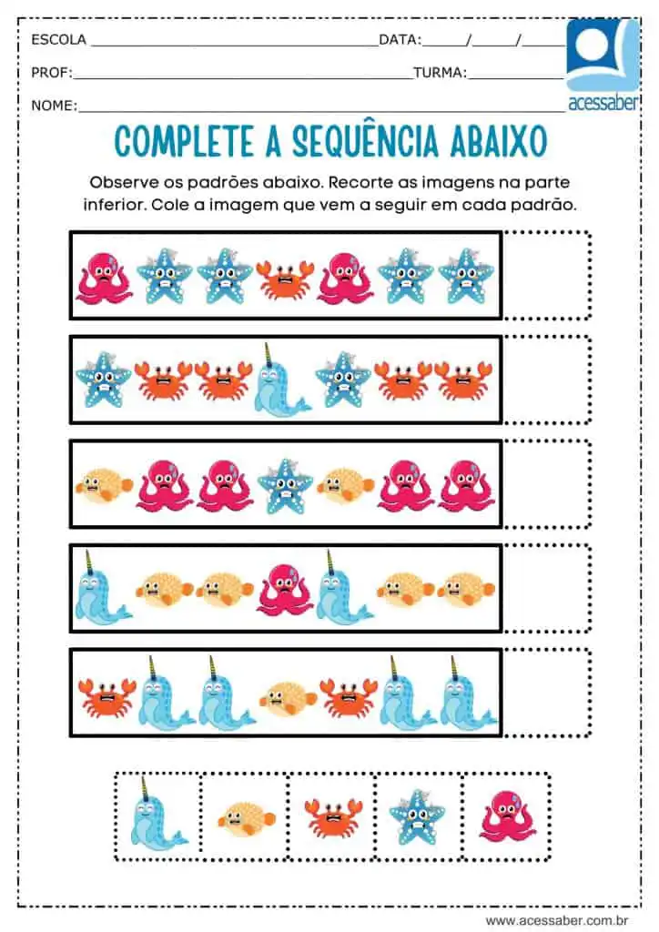 Atividade recorte e complete a sequência dos animais marinhos