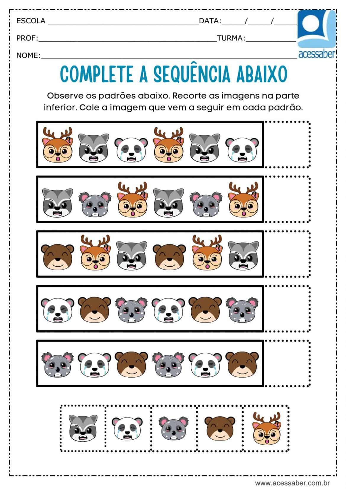 Atividade de matemática: Sequência lógica - Animais - Ed. Infantil e 1º ...