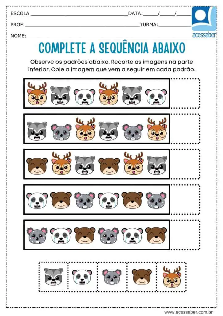 Atividade recorte e complete a sequência dos animais