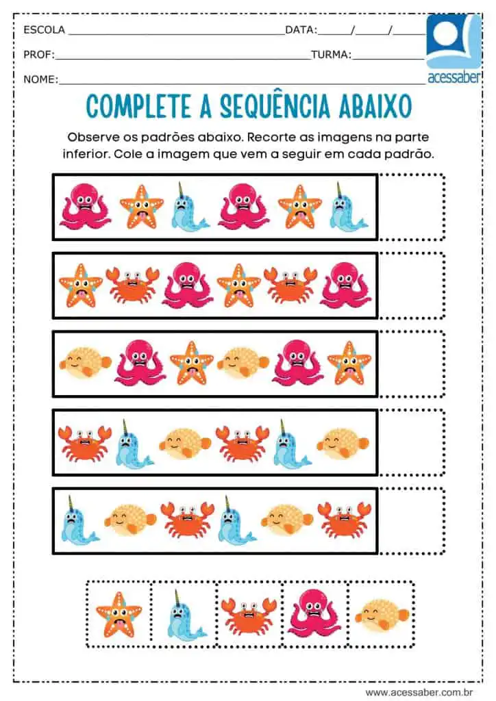Atividade recorte e complete a sequência dos animais marinhos