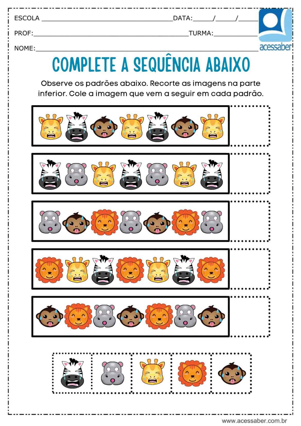 Atividade de matemática: Sequência lógica - Animais - Ed. Infantil e 1º ...