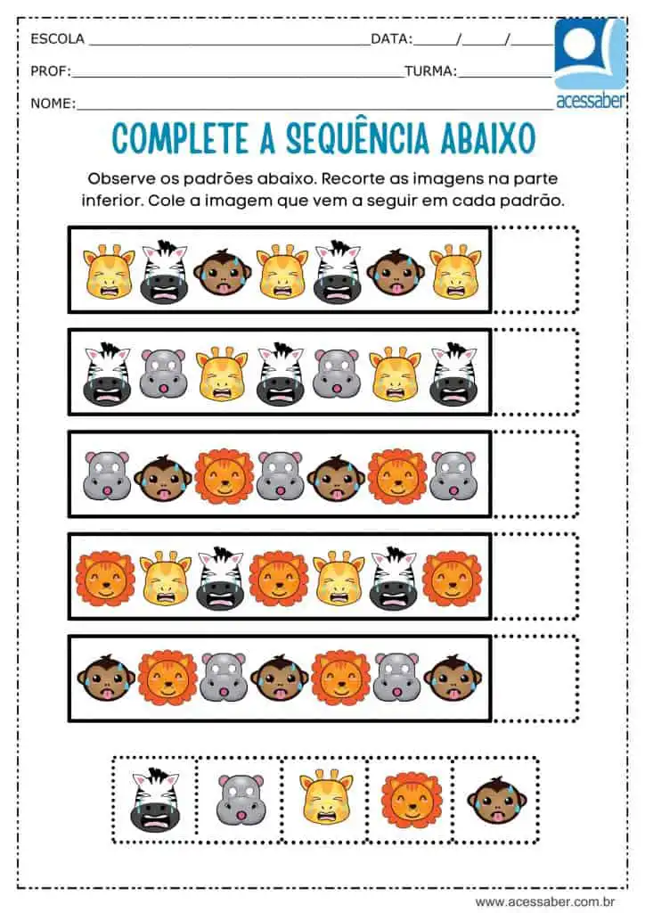 Atividade recorte e complete a sequência dos animais