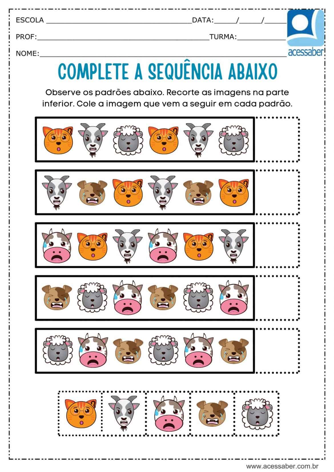 Atividade de matemática: Sequência lógica - Animais - Ed. Infantil e 1º ...