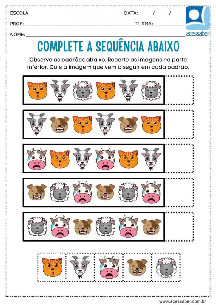 Atividade recorte e complete a sequência dos animais