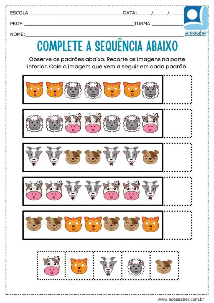 Atividade recorte e complete a sequência dos animais