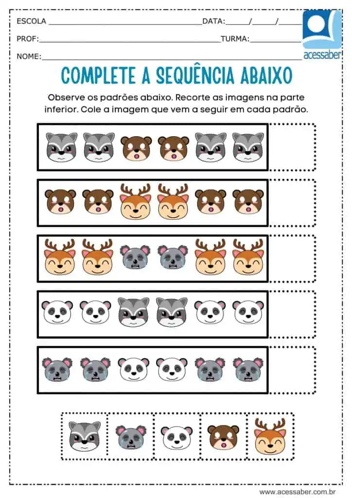 Atividade recorte e complete a sequência dos animais