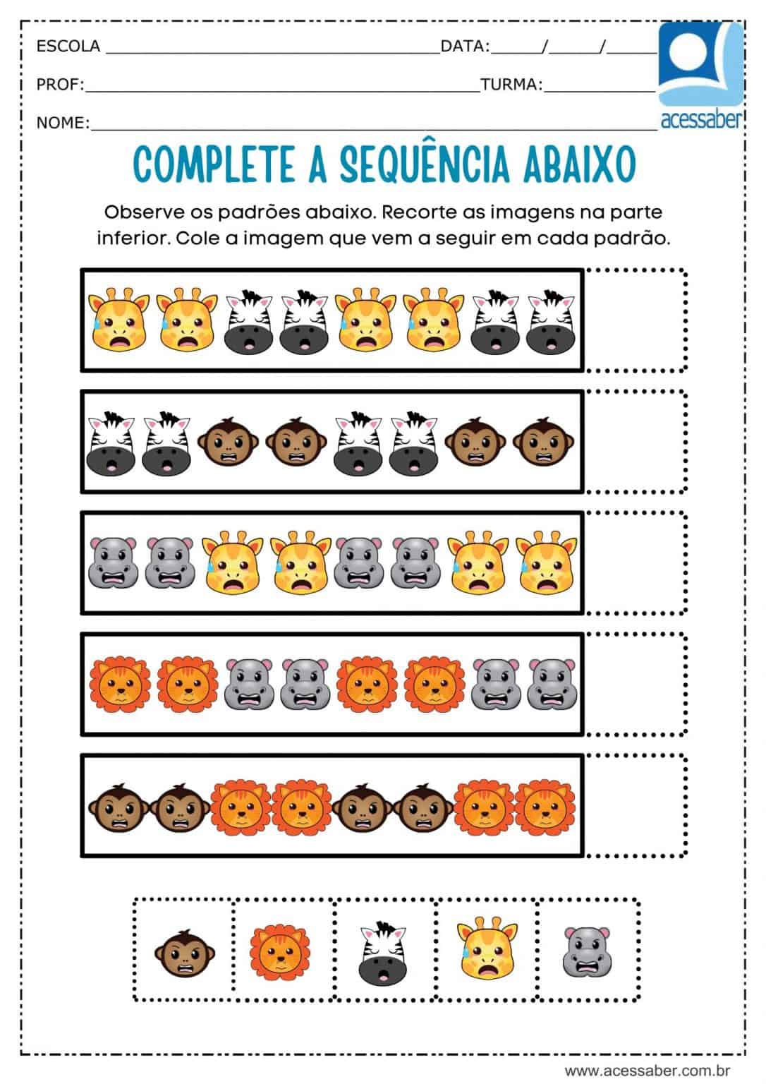 Atividade de matemática: Sequência lógica - Animais - Ed. Infantil e 1º ...