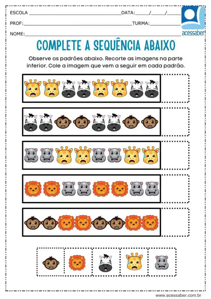 Atividade recorte e complete a sequência dos animais 