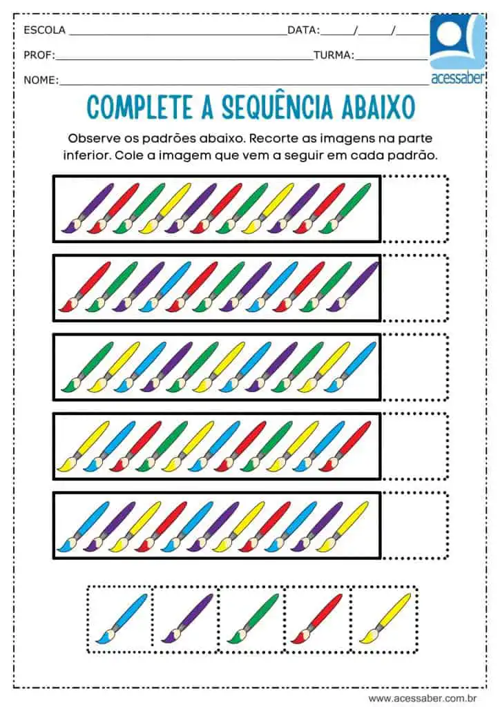 Atividade recorte e complete a sequência de pinceis 
