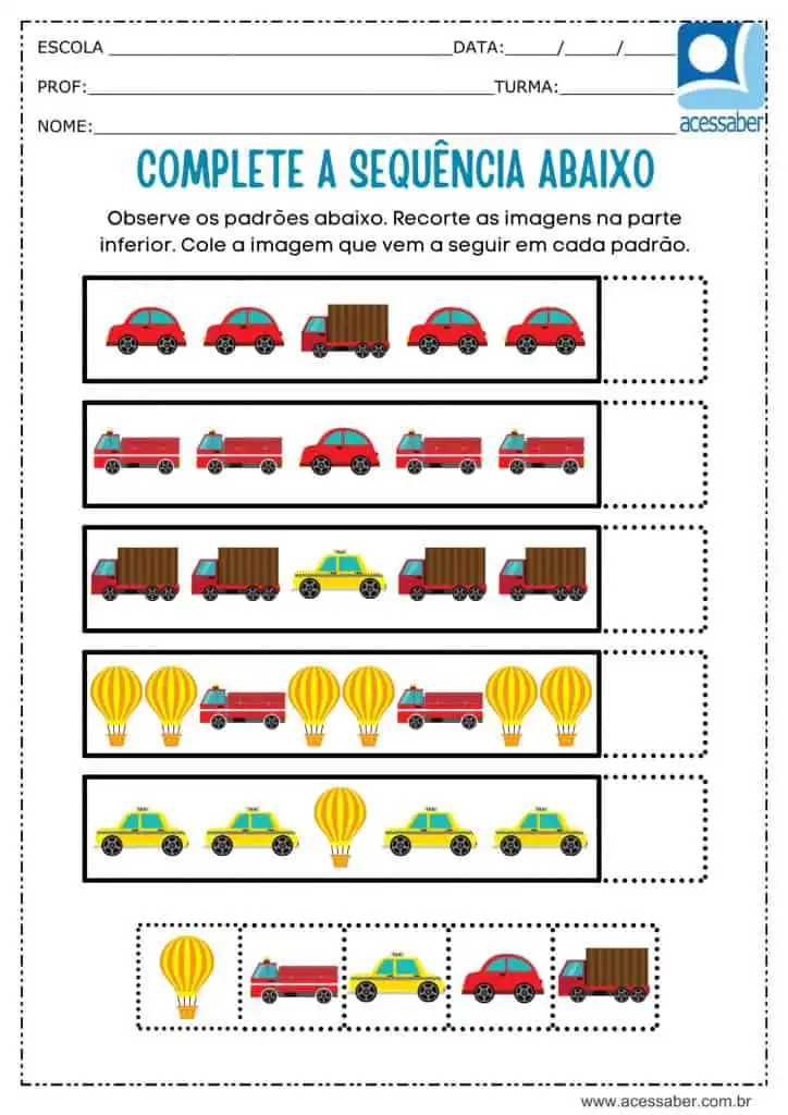 Atividade recorte e complete a sequência de brinquedos