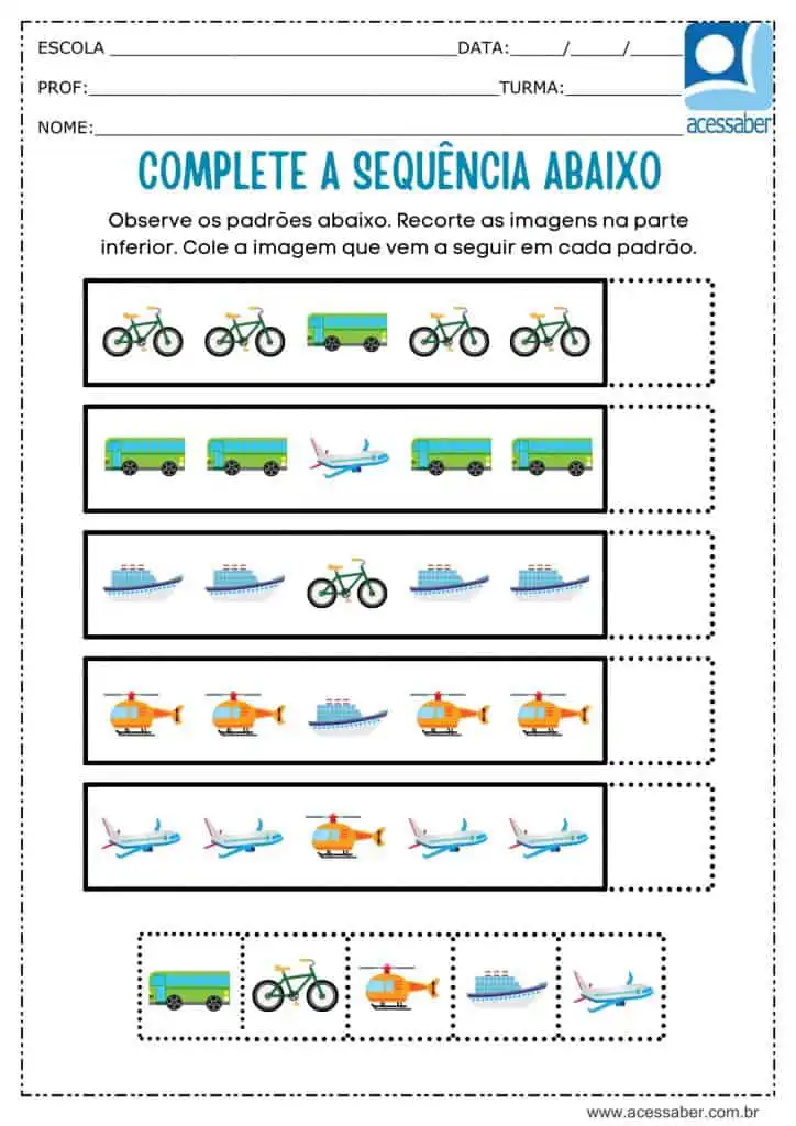 Atividade recorte e complete a sequência dos veículos