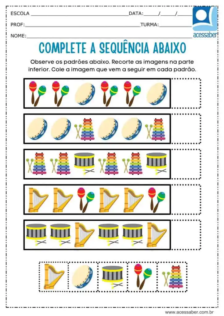 Atividade recorte e complete a sequência de instrumentos musicais
