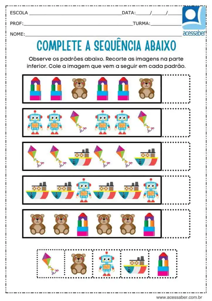 Atividade recorte e complete a sequência de brinquedos