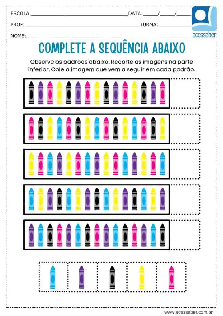 Atividade recorte e complete a sequência de lápis