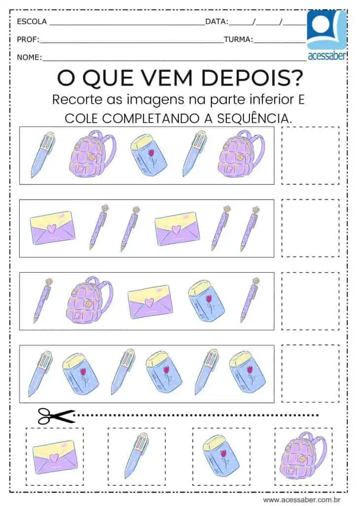 Atividade recorte e complete a sequência de materiais escolares