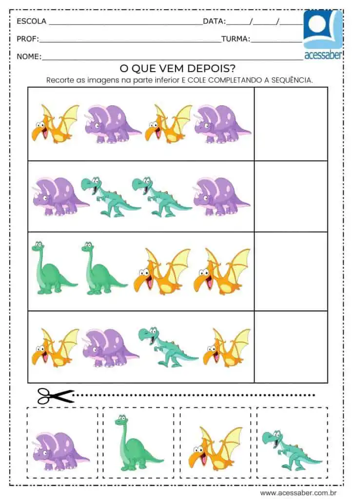Atividade recorte e complete a sequencia de dinossáuros